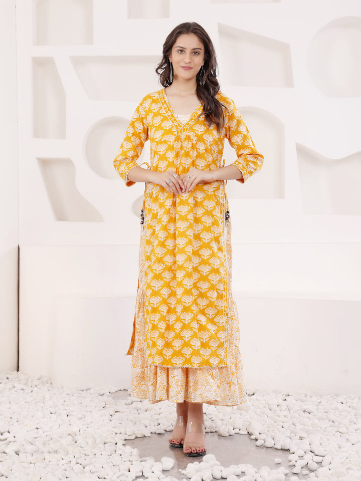 Mustard Block Printed Layered Kurta With Tiered Inner