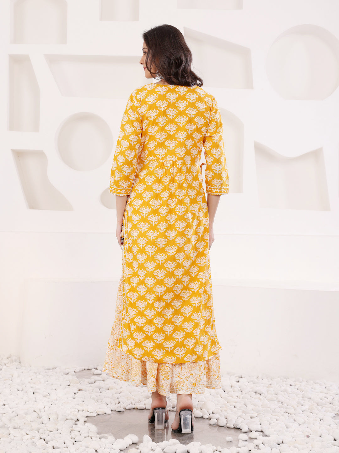 Mustard Block Printed Layered Kurta With Tiered Inner