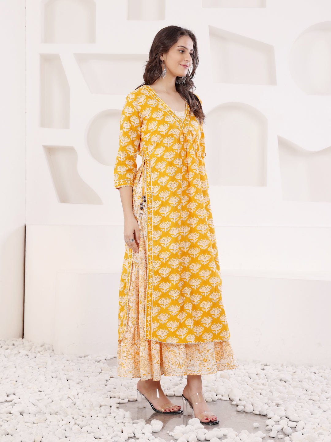 Mustard Block Printed Layered Kurta With Tiered Inner