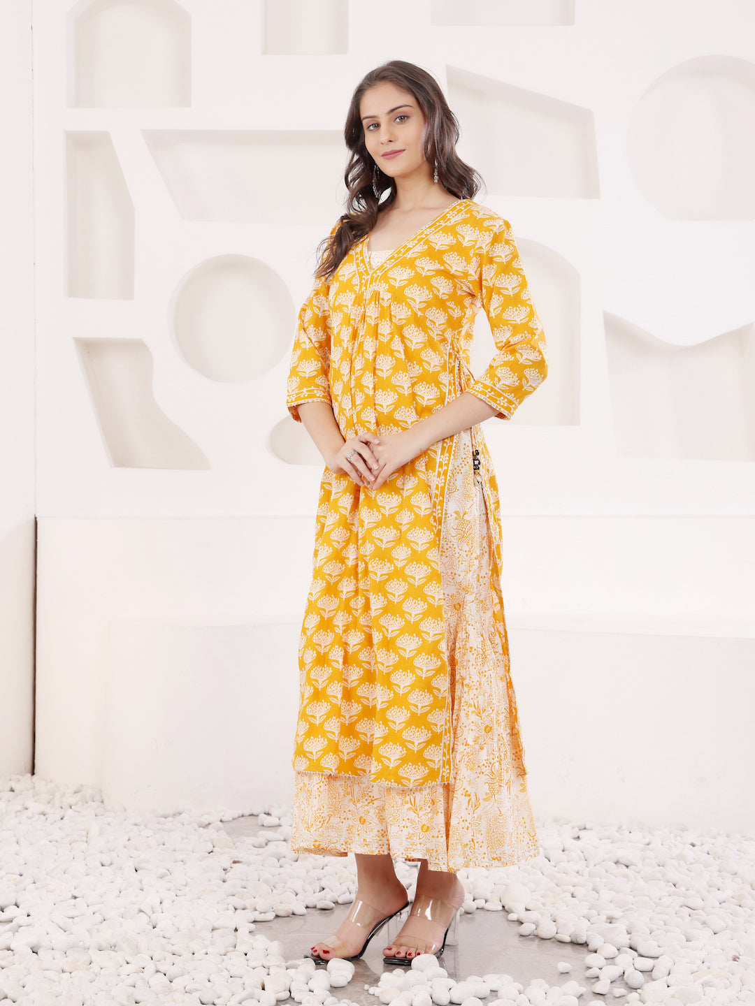 Mustard Block Printed Layered Kurta With Tiered Inner