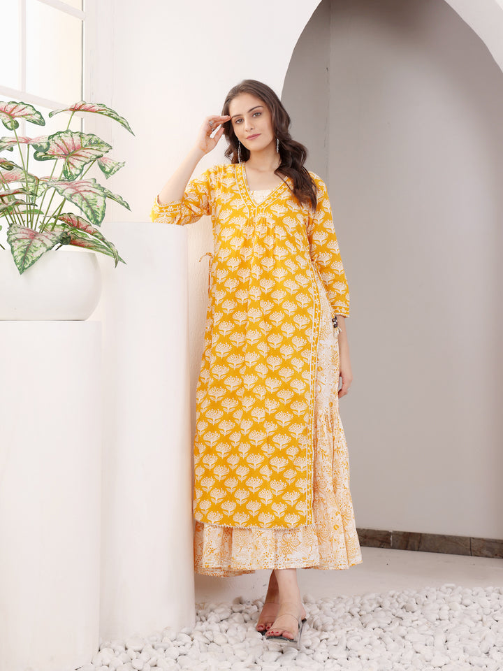 Mustard Block Printed Layered Kurta With Tiered Inner