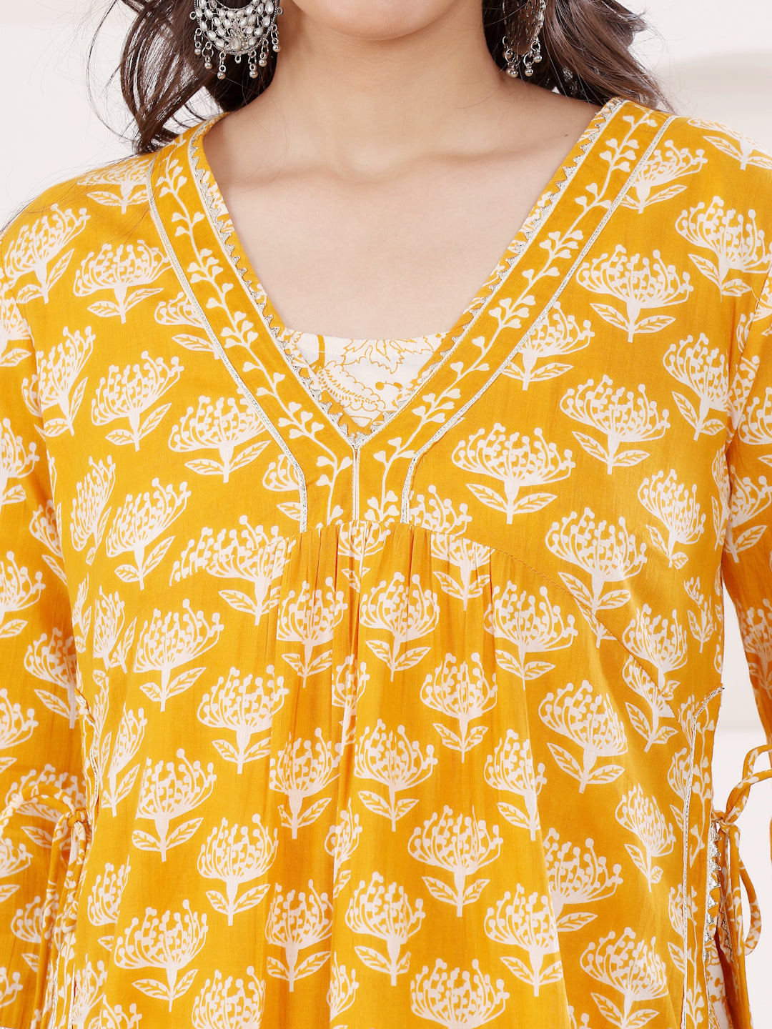 Mustard Block Printed Layered Kurta With Tiered Inner