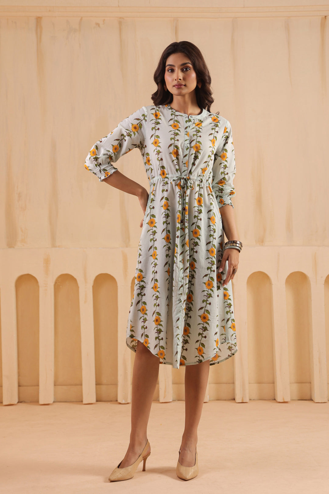 Sky Blue Cotton Printed A-Line Dress