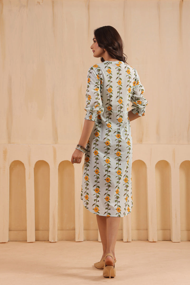 Sky Blue Cotton Printed A-Line Dress