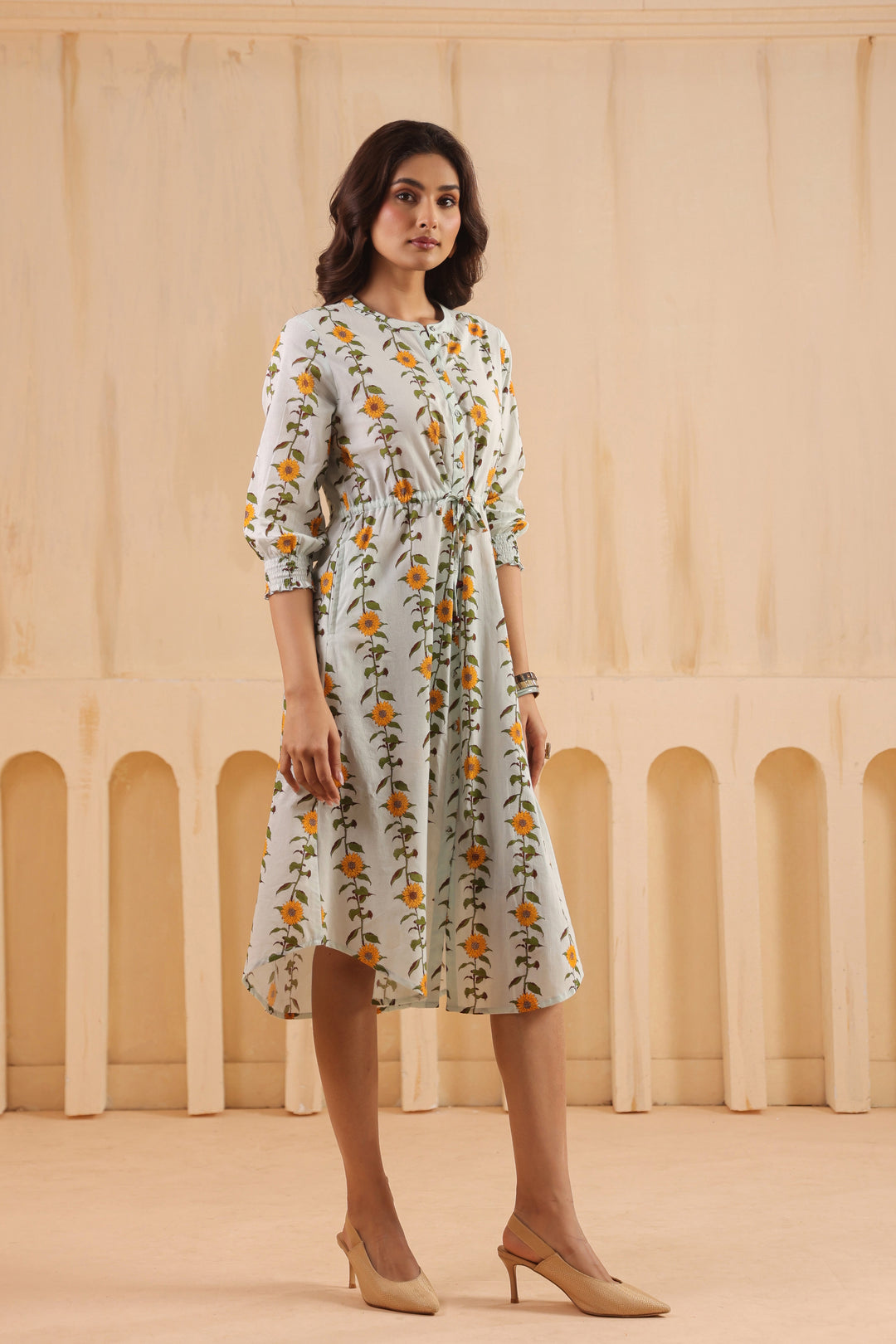 Sky Blue Cotton Printed A-Line Dress