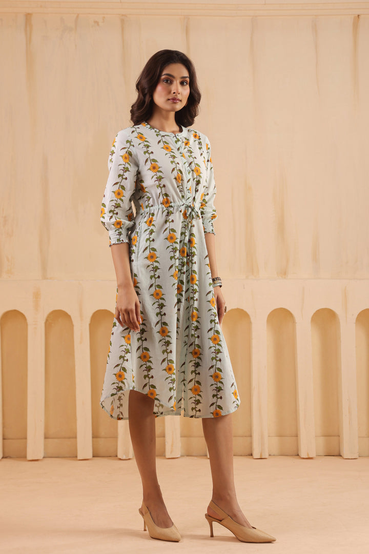 Sky Blue Cotton Printed A-Line Dress