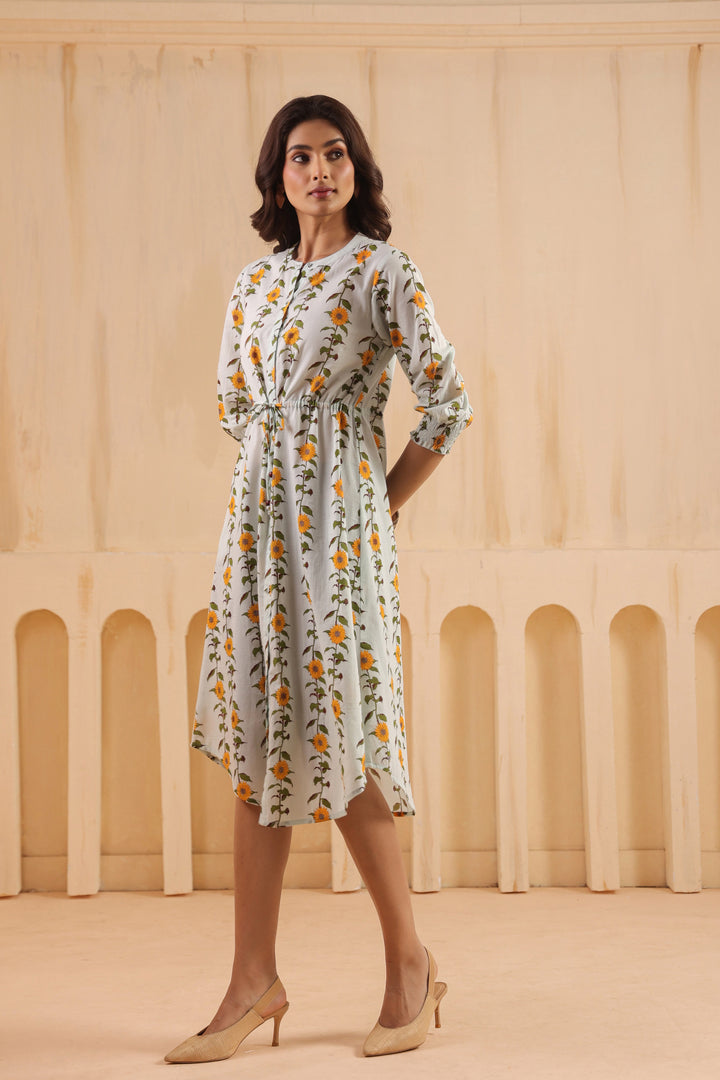 Sky Blue Cotton Printed A-Line Dress