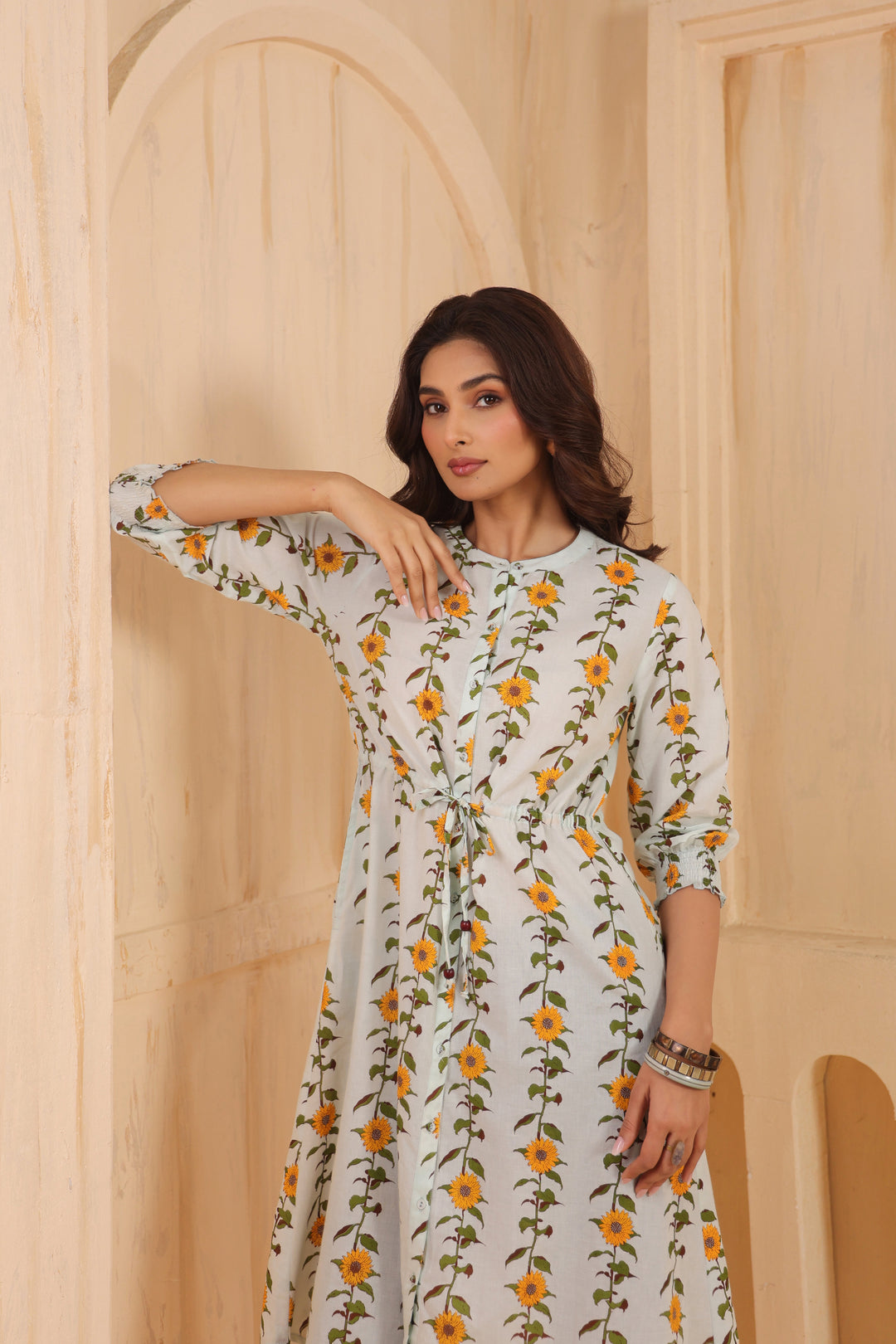 Sky Blue Cotton Printed A-Line Dress