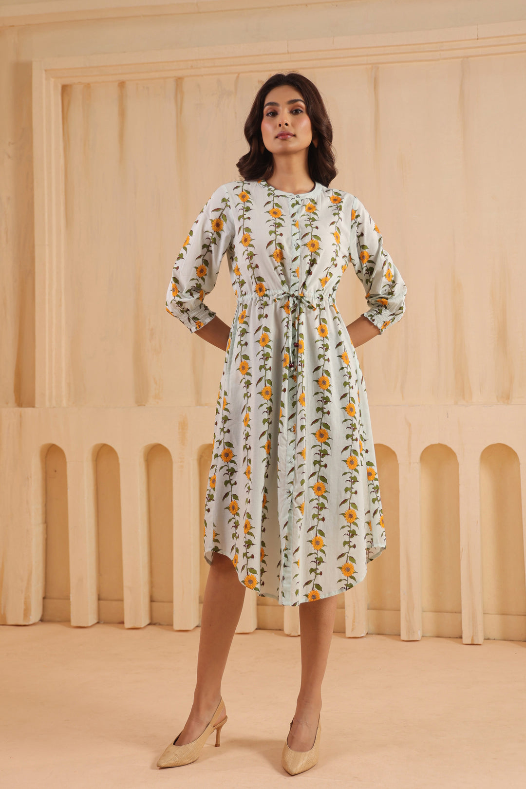 Sky Blue Cotton Printed A-Line Dress