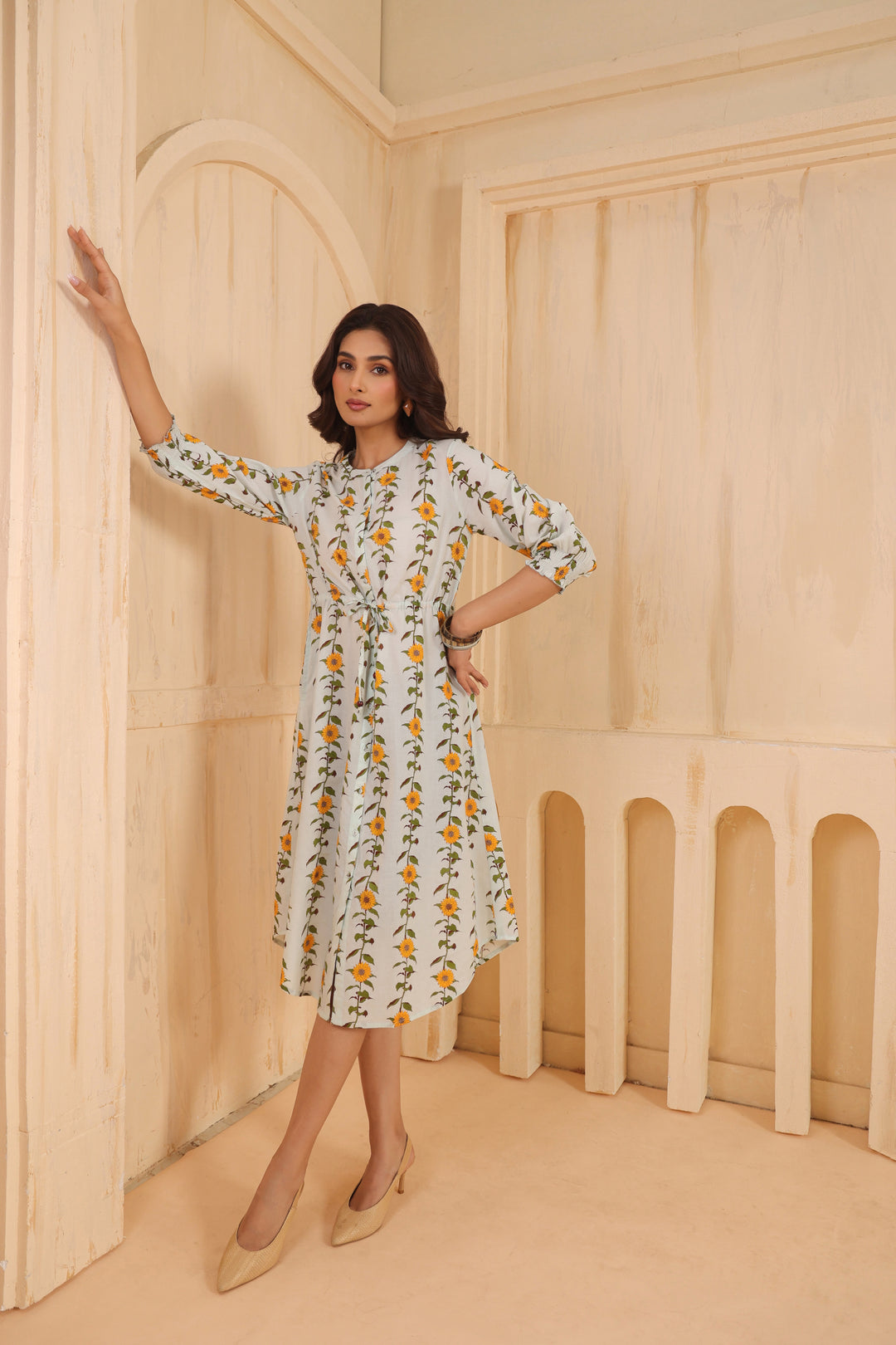 Sky Blue Cotton Printed A-Line Dress