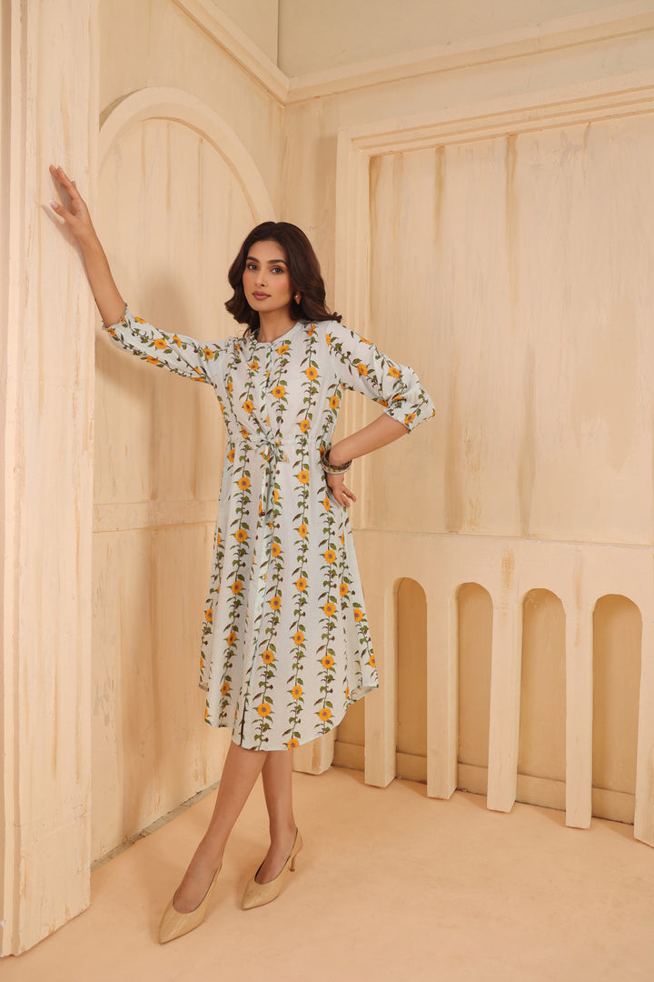 Sky Blue Cotton Printed A-Line Dress
