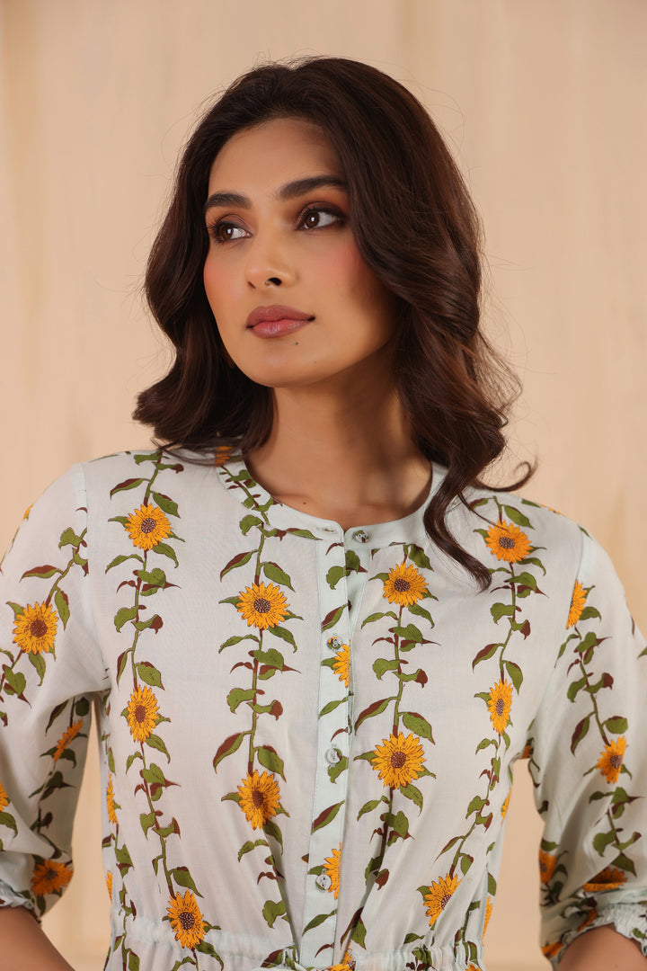 Sky Blue Cotton Printed A-Line Dress