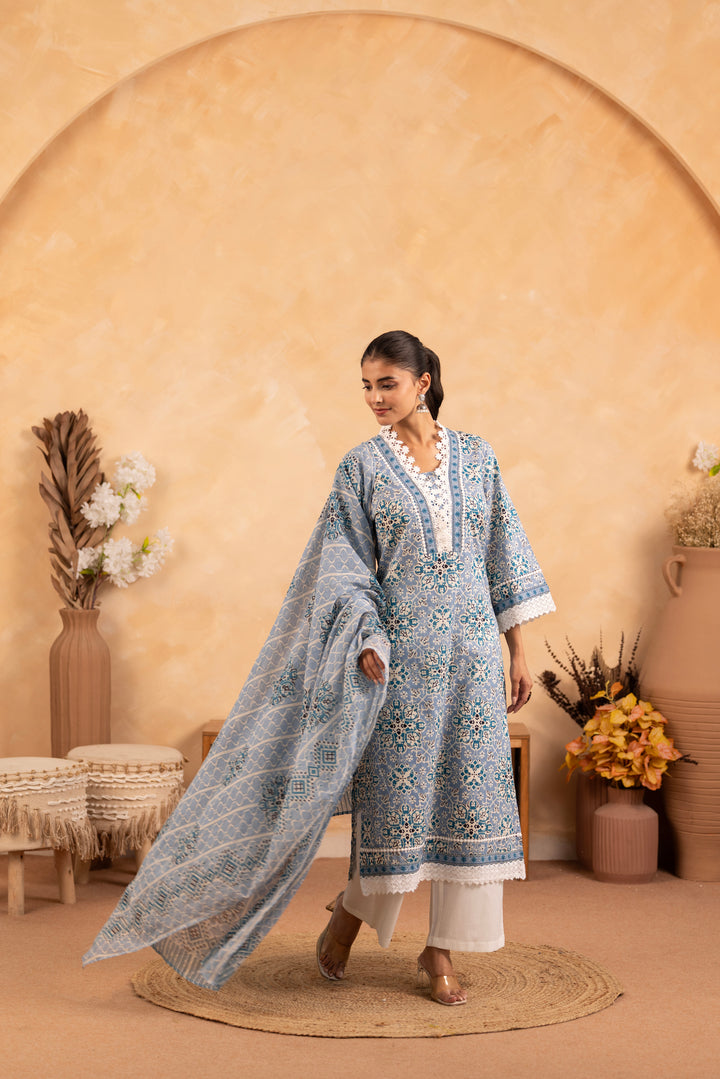 Blue Cotton Floral Printed Kurta Pant Set With Dupatta