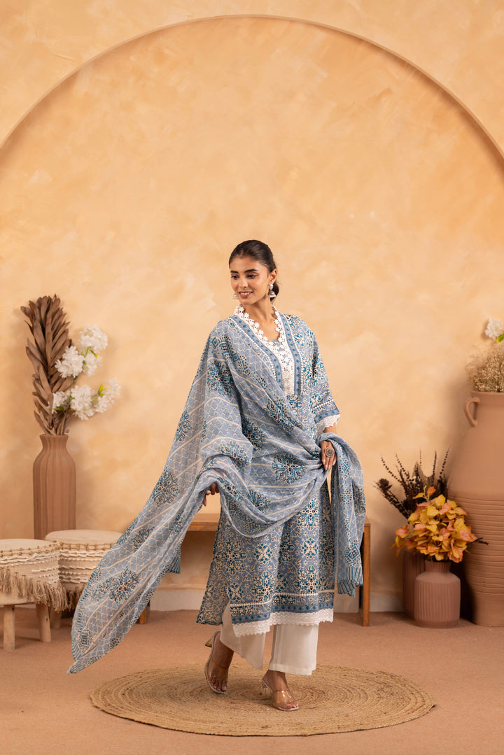 Blue Cotton Floral Printed Kurta Pant Set With Dupatta