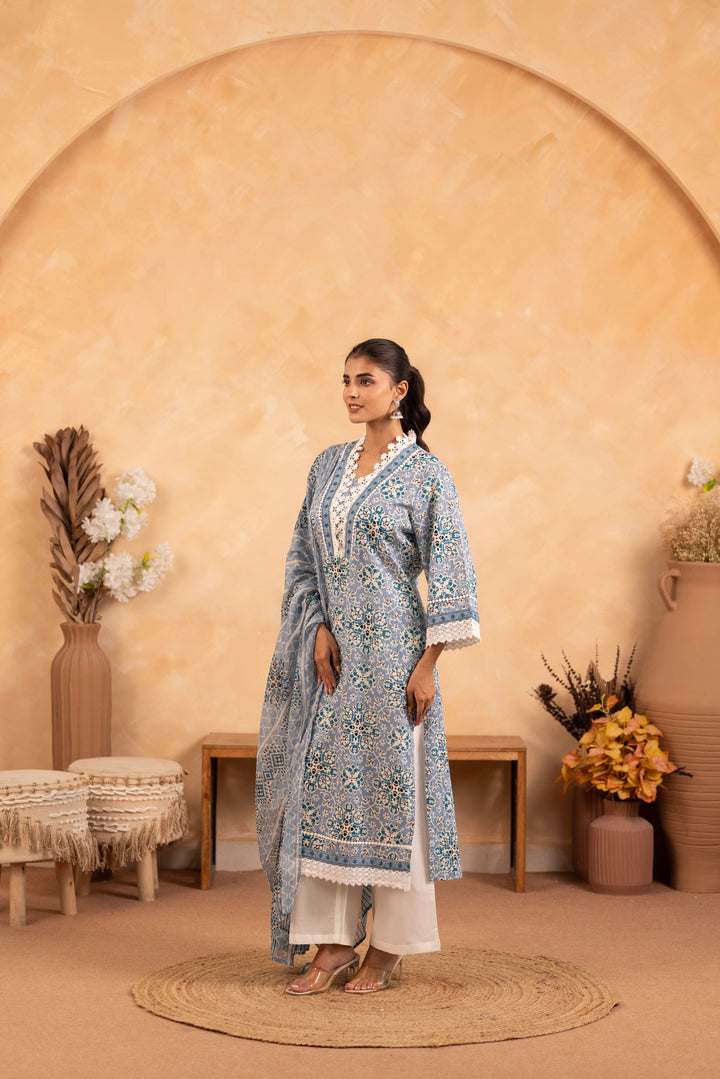 Blue Cotton Floral Printed Kurta Pant Set With Dupatta