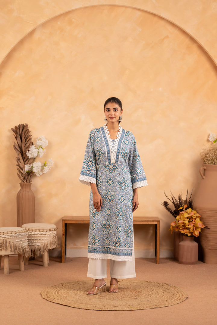 Blue Cotton Floral Printed Kurta Pant Set With Dupatta
