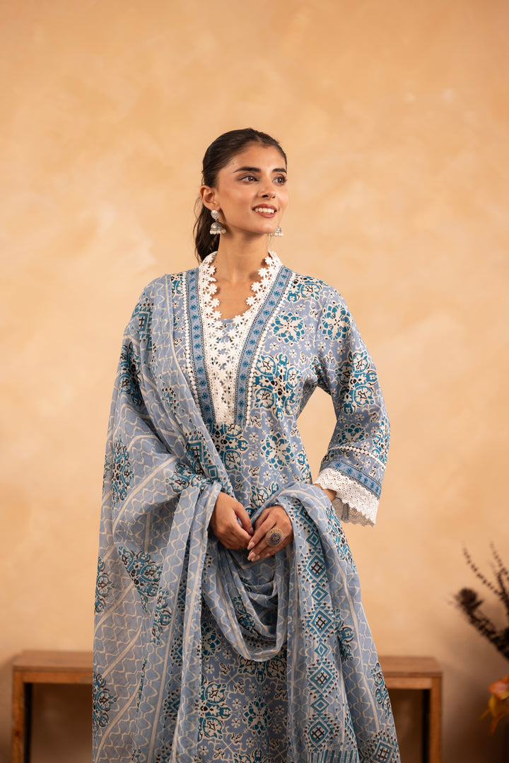 Blue Cotton Floral Printed Kurta Pant Set With Dupatta