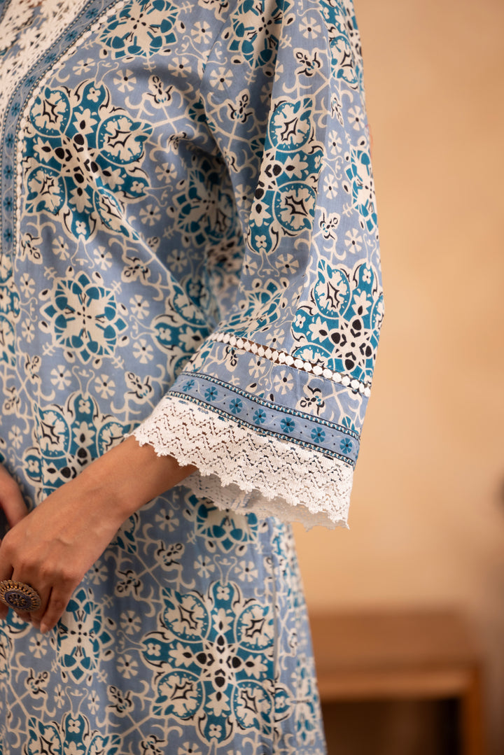Blue Cotton Floral Printed Kurta Pant Set With Dupatta