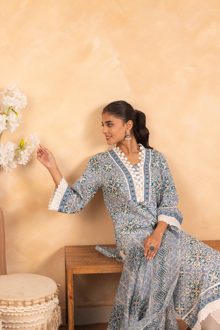 Blue Cotton Floral Printed Kurta Pant Set With Dupatta