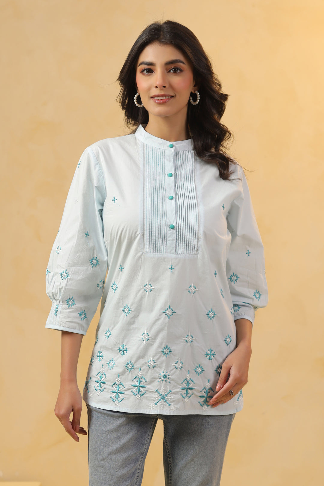 Sky Blue Popline Embroidered Pintuck Designer Top