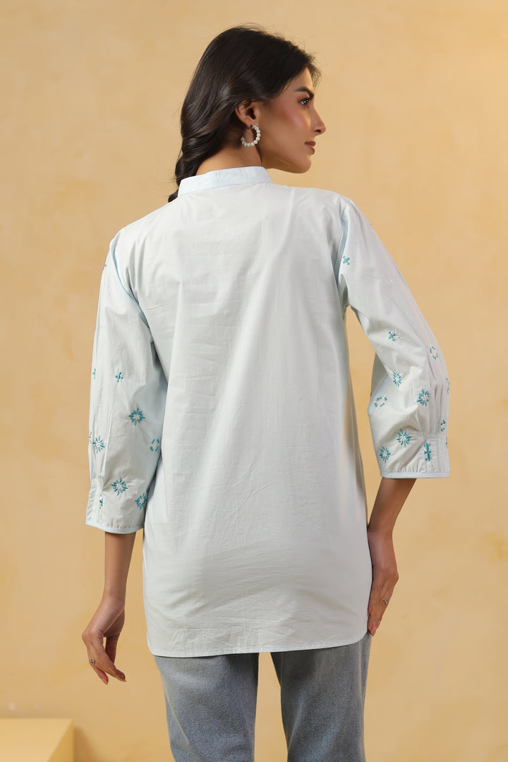 Sky Blue Popline Embroidered Pintuck Designer Top