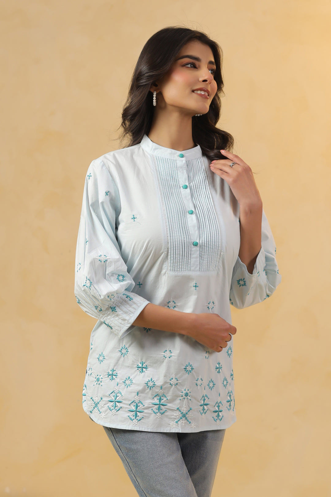 Sky Blue Popline Embroidered Pintuck Designer Top