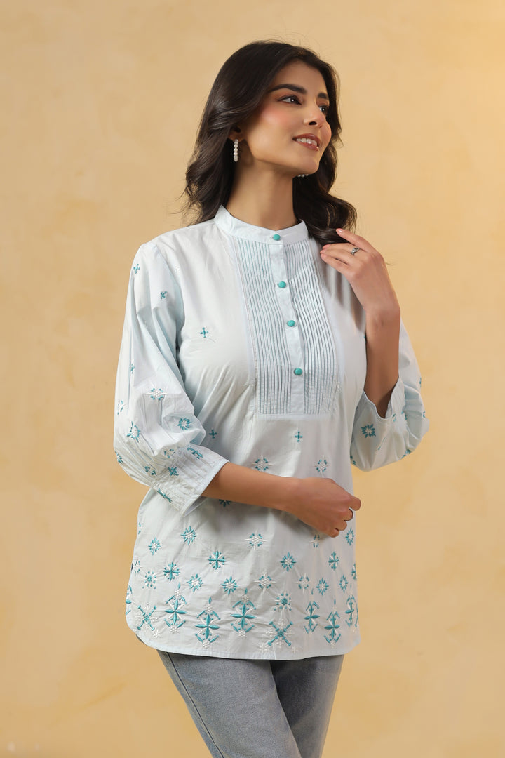 Sky Blue Popline Embroidered Pintuck Designer Top