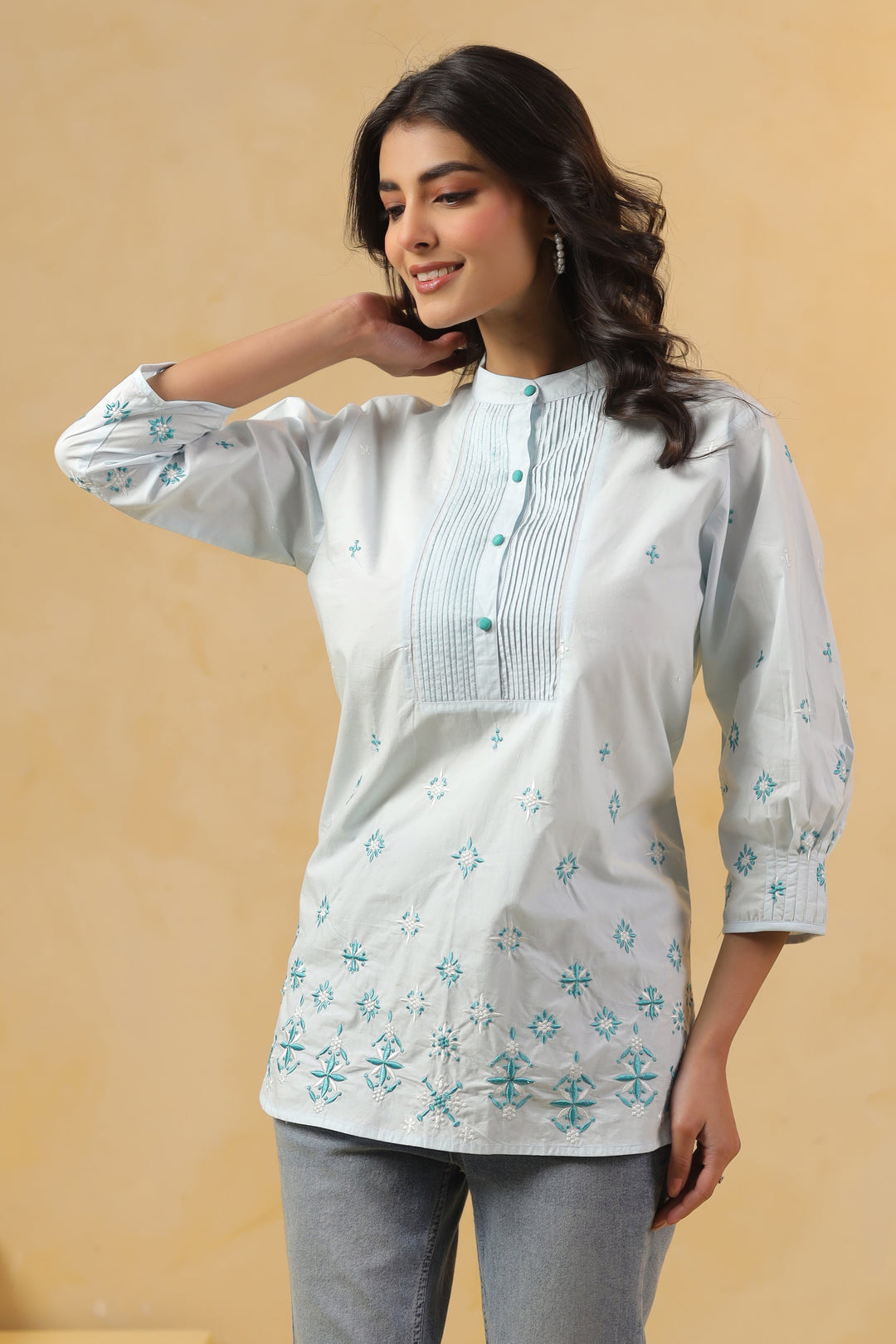 Sky Blue Popline Embroidered Pintuck Designer Top