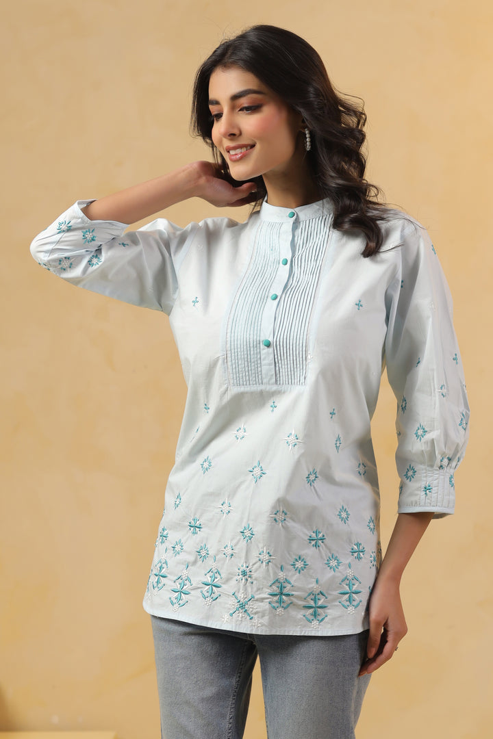 Sky Blue Popline Embroidered Pintuck Designer Top
