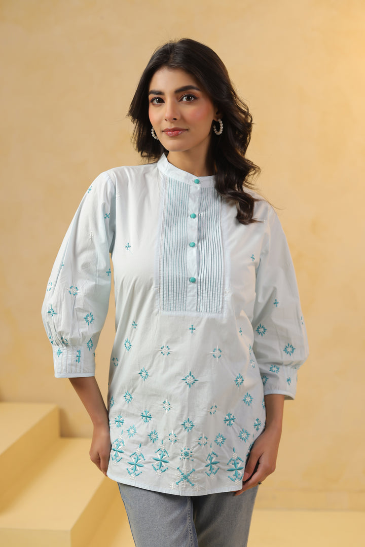 Sky Blue Popline Embroidered Pintuck Designer Top