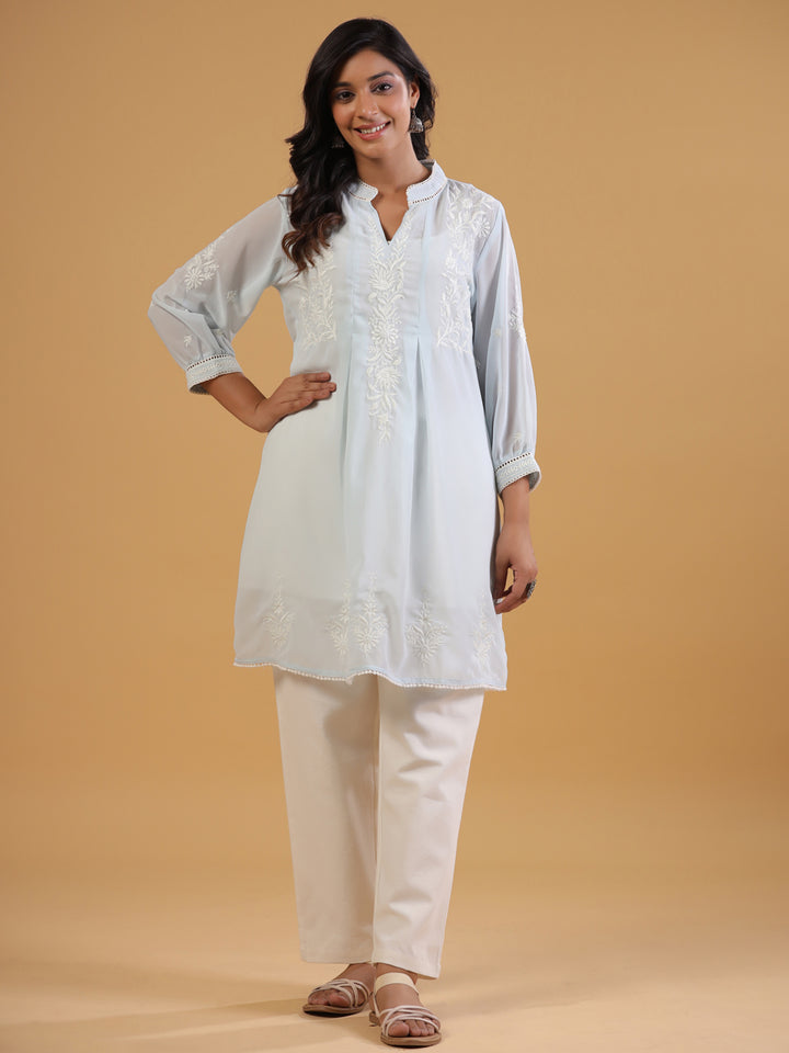 Sky Blue Embroidered Top With Spaghetti