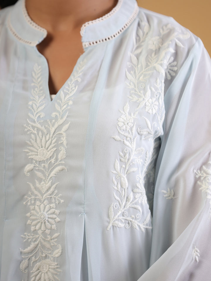 Sky Blue Embroidered Top With Spaghetti