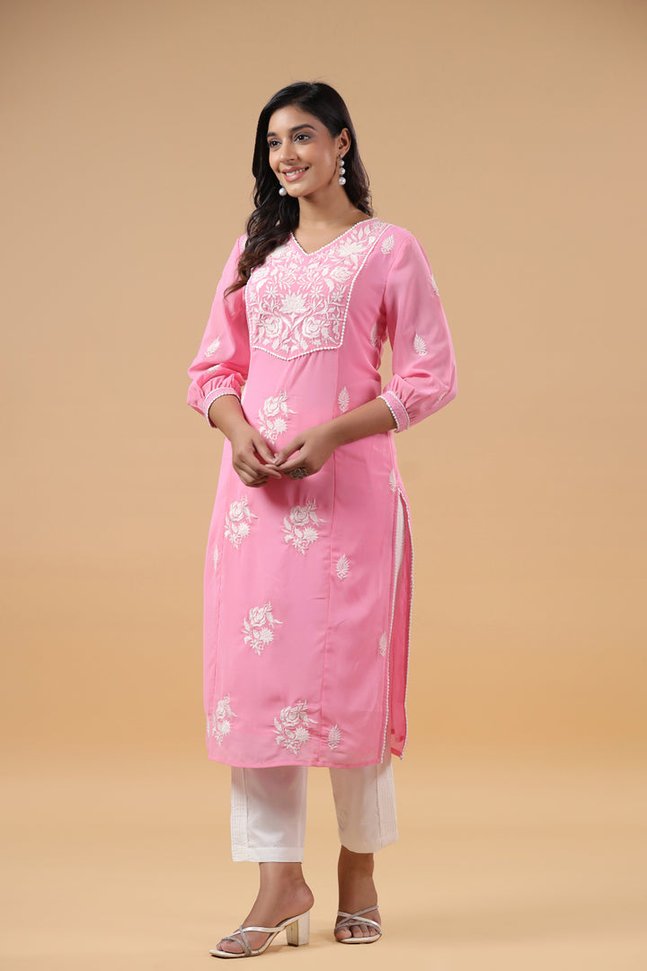 Pink Georgette Embroidered Detailed Straight Kurta