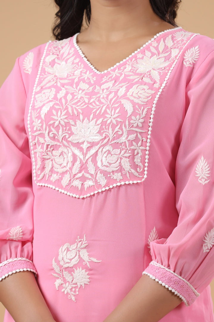 Pink Georgette Embroidered Detailed Straight Kurta