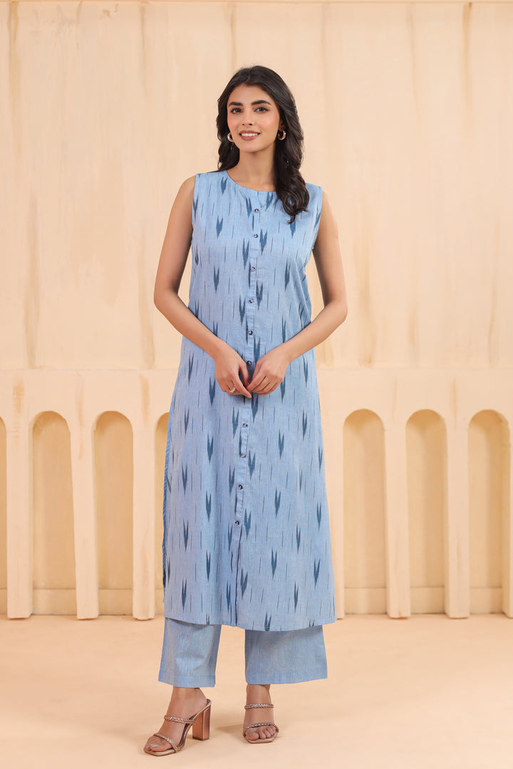 Blue Cotton Ikkat Print Sleeveless Kurta Pant Set