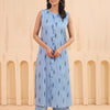 Blue Cotton Ikkat Print Sleeveless Kurta Pant Set