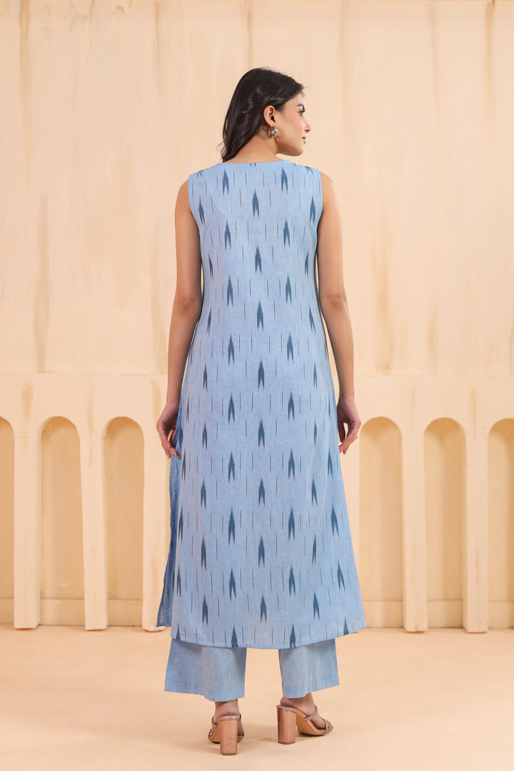 Blue Cotton Ikkat Print Sleeveless Kurta Pant Set