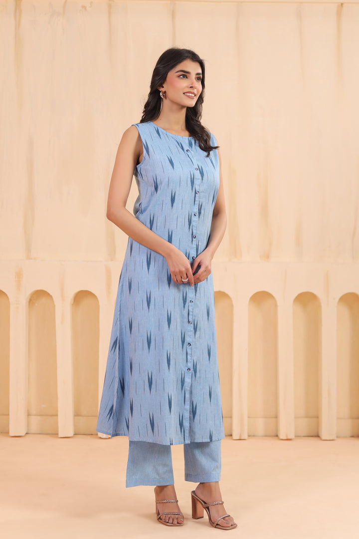 Blue Cotton Ikkat Print Sleeveless Kurta Pant Set
