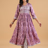 Lavender Rayon Embellished Gathered Kurta Pant Set