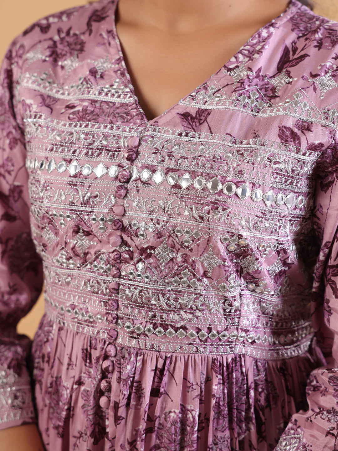 Lavender Rayon Embellished Gathered Kurta Pant Set