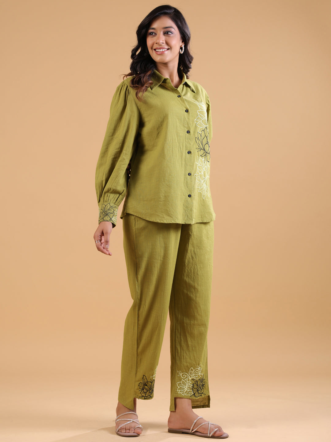 Olive Green Cotton Embroidered Co-Ord Set