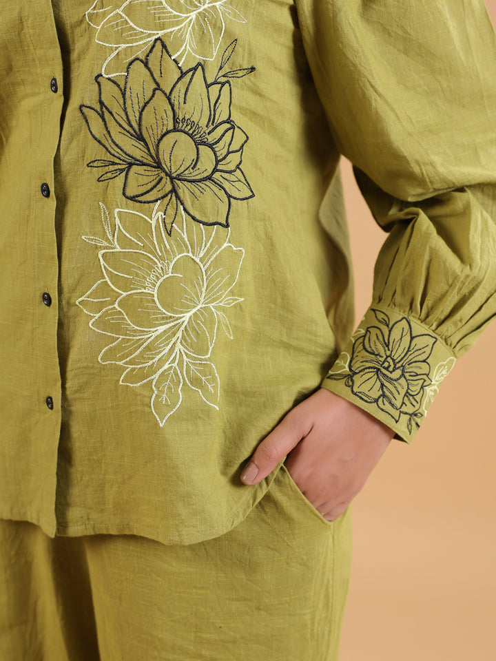 Olive Green Cotton Embroidered Co-Ord Set