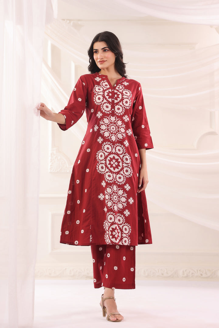 Maroon Cotton Printed A-Line Kurta Pant Set