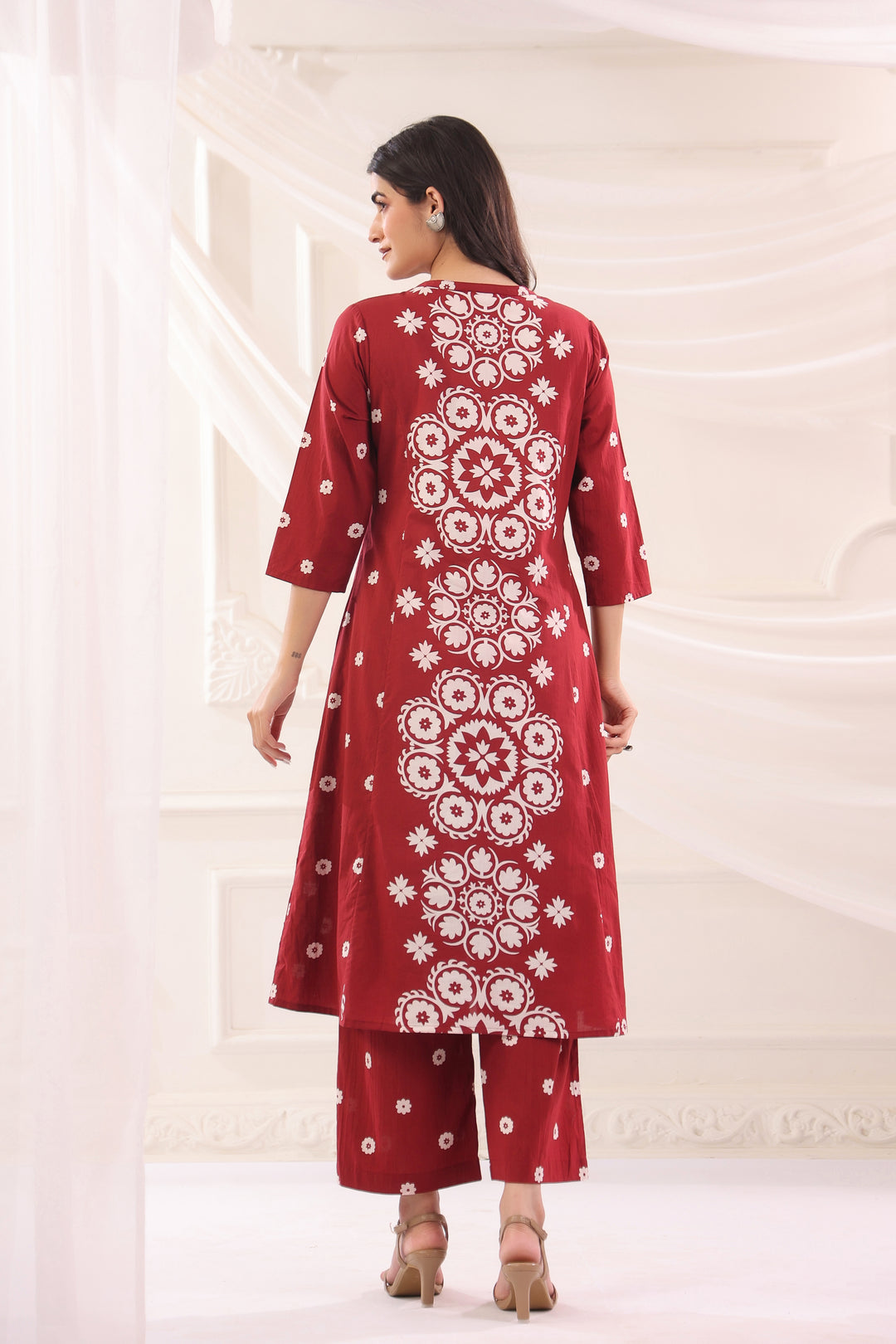 Maroon Cotton Printed A-Line Kurta Pant Set