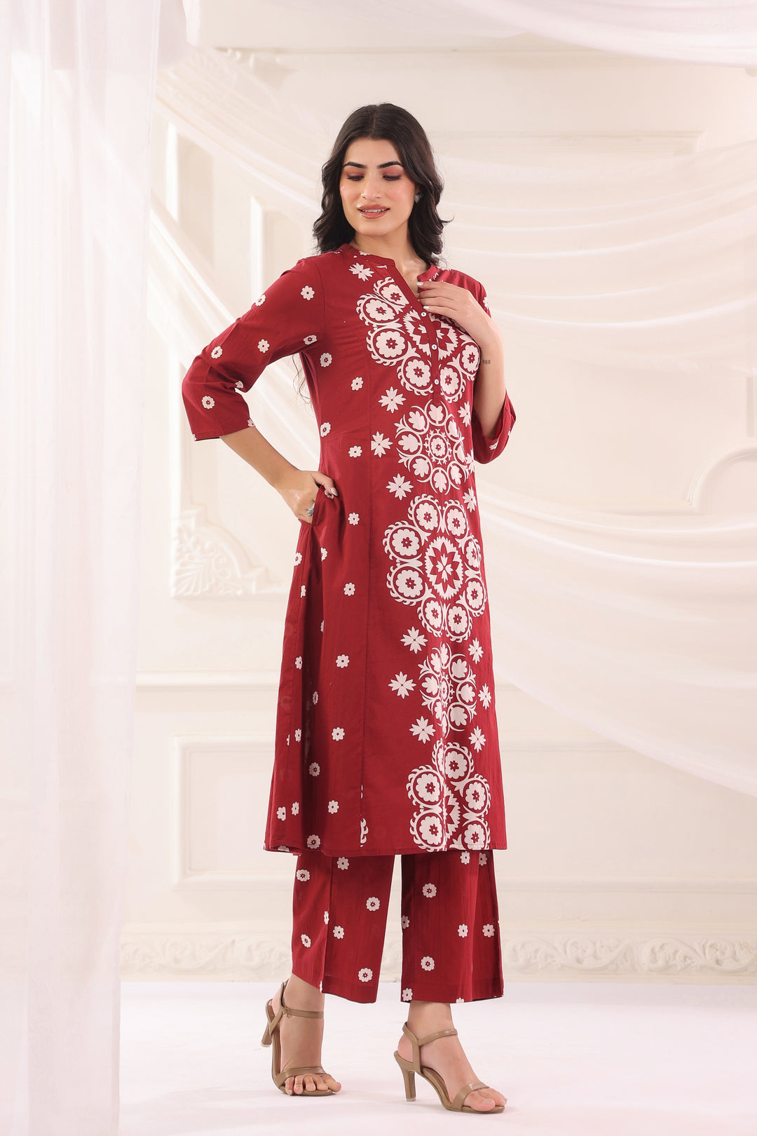 Maroon Cotton Printed A-Line Kurta Pant Set