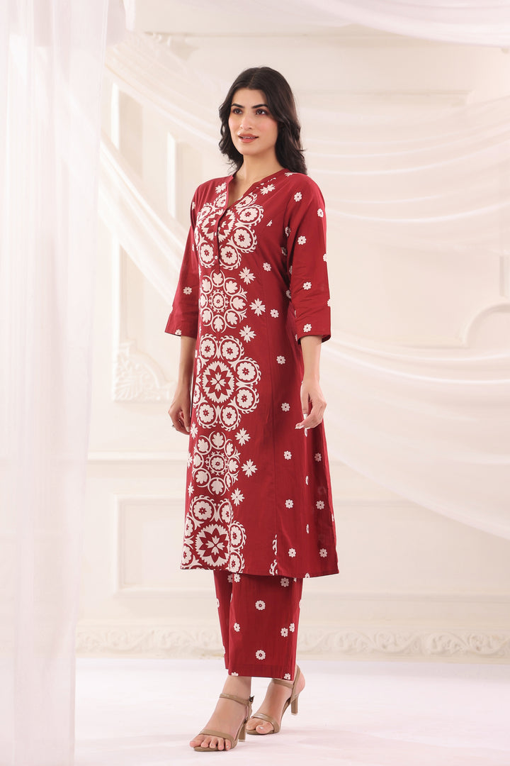 Maroon Cotton Printed A-Line Kurta Pant Set