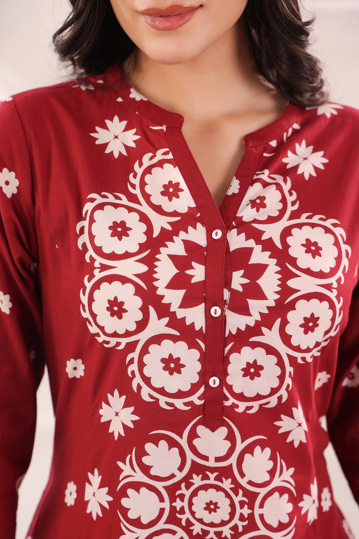 Maroon Cotton Printed A-Line Kurta Pant Set