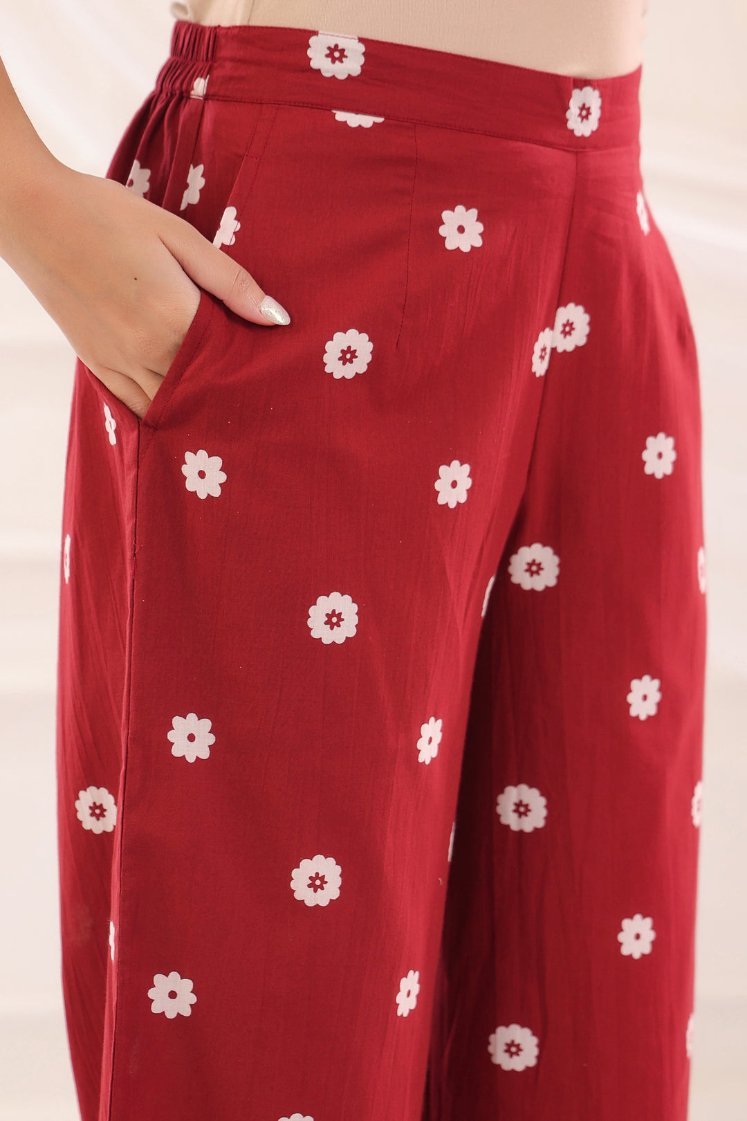 Maroon Cotton Printed A-Line Kurta Pant Set