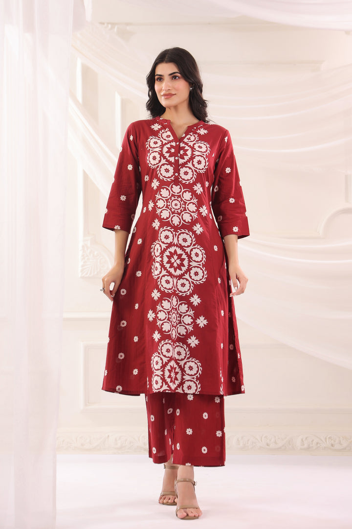 Maroon Cotton Printed A-Line Kurta Pant Set