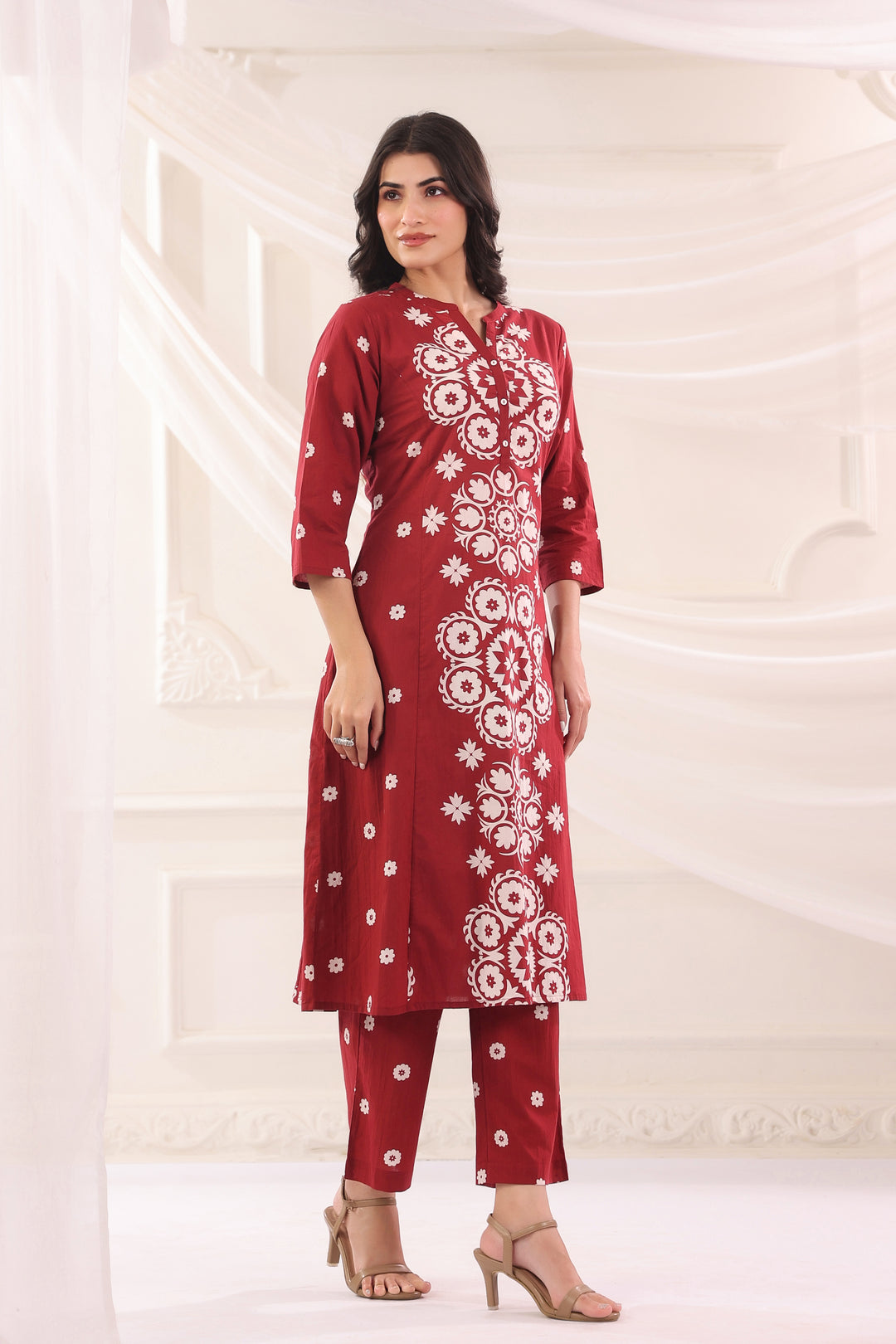 Maroon Cotton Printed A-Line Kurta Pant Set